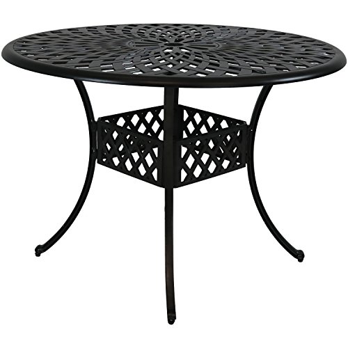 Sunnydaze Round Patio Dining Table - Outdoor Durable Cast Aluminum Construction - Decorative Crossweave Design - Outside Patio Furniture with Umbrella Hole - - Perfect for Porch or Poolside - 41-Inch