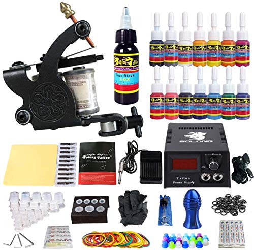 Solong Tattoo Complete Starter Tattoo Kit 1 Pro Machine Guns 14 Inks Power Supply Foot Pedal Needles Grips Tips TK102