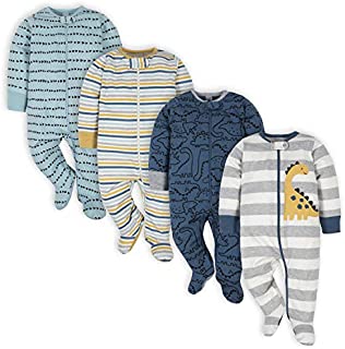 Gerber Baby Boys' 4 Pack Sleep'N Play Footie, Dinosaur Blue, Newborn