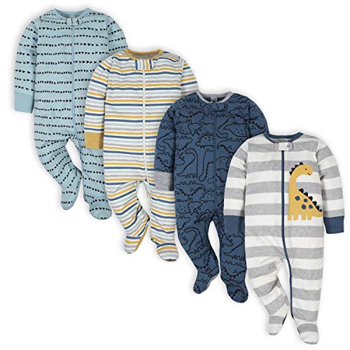 Gerber Baby Boys' 4 Pack Sleep'N Play Footie, Dinosaur Blue, Newborn