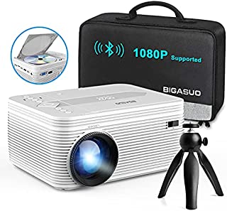 BIGASUO [2021 Upgrade] Full HD Bluetooth Projector with Built-in DVD Player, Portable Mini Projector Compatible with Phone/Pad/HDMI/VGA/AV/USB/TF SD Card, 720P Native 1080P Supported