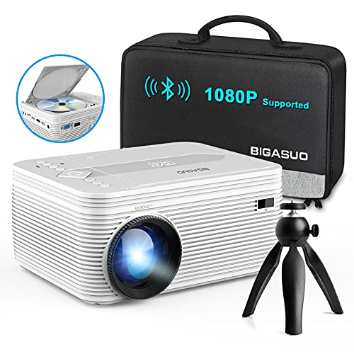 BIGASUO [2021 Upgrade] Full HD Bluetooth Projector with Built-in DVD Player, Portable Mini Projector Compatible with Phone/Pad/HDMI/VGA/AV/USB/TF SD Card, 720P Native 1080P Supported