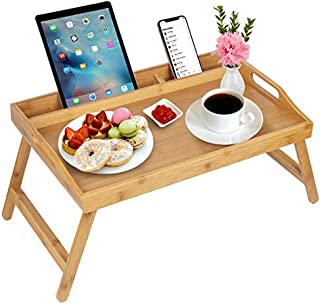 Artmeer Bed Tray Table with Handles Folding Legs Bamboo Breakfast Tray with Phone Tablet Holder,Foldable Breakfast Table Laptop Desk,Kitchen Serving Bed Table Tray(Beige)