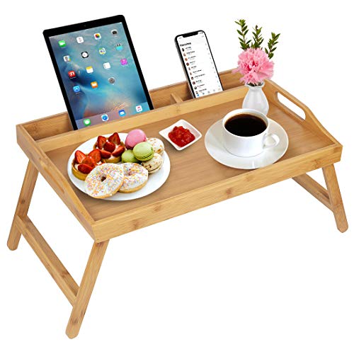 Artmeer Bed Tray Table with Handles Folding Legs Bamboo Breakfast Tray with Phone Tablet Holder,Foldable Breakfast Table Laptop Desk,Kitchen Serving Bed Table Tray(Beige)