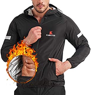 KUMAYES Sauna Suit for Men Sweat Sauna Jacket Weight Loss Workout Shirt Gym Fitness Long Sleeve Sweat Suits Zipper with Hood (Black, Large)