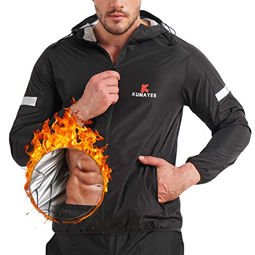 KUMAYES Sauna Suit for Men Sweat Sauna Jacket Weight Loss Workout Shirt Gym Fitness Long Sleeve Sweat Suits Zipper with Hood (Black, Large)