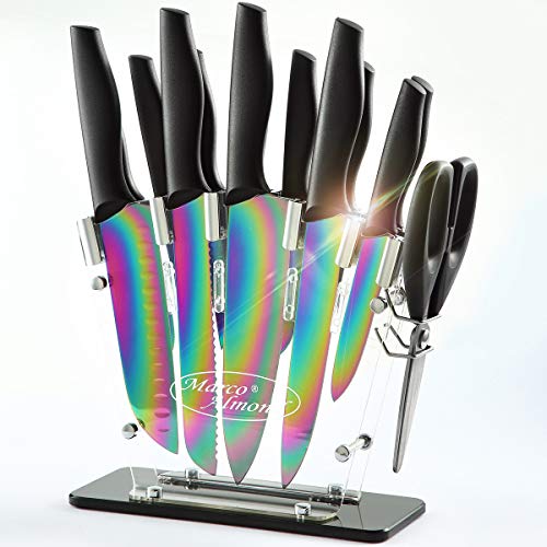 DISHWASHER SAFE Rainbow Titanium Knife Set with Block,14 PCS Kitchen Knife Set with Acrylic Stand,Kitchen Scissor,Santoku knife,6 Rainbow Steak Knives Cutlery Knives Set for Home Pro Use,Marco Almond