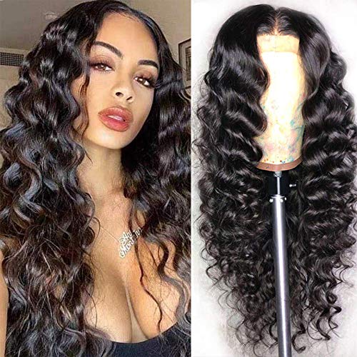 Eotltiue Hair 18inch Loose Deep Wave Human Hair Lace Front Wig for Black Women, 4x4 Lace Closure Wig Pre Plucked Natural Hairline with Baby Hair, Brazilian Loose Deep Wave Human Hair Wig Natural Color