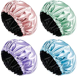 Aquior Shower Cap, 4-Pack Bathing Reusable Shower Caps for Long Hair Women, Double Layers Premium Sumptuous Silky Satin 100% Waterproof Shower Cap Extra Large