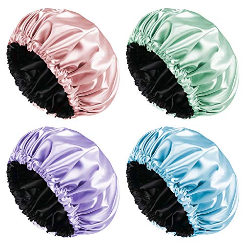 Aquior Shower Cap, 4-Pack Bathing Reusable Shower Caps for Long Hair Women, Double Layers Premium Sumptuous Silky Satin 100% Waterproof Shower Cap Extra Large