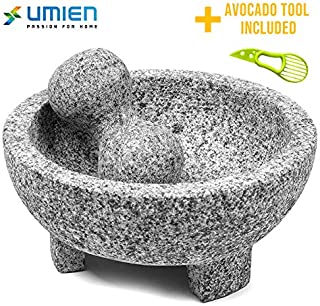 Granite Mortar and Pestle Set guacamole bowl Molcajete 8 Inch - Natural Stone Grinder for Spices, Seasonings, Pastes, Pestos and Guacamole - Extra Bonus Avocado Tool Included