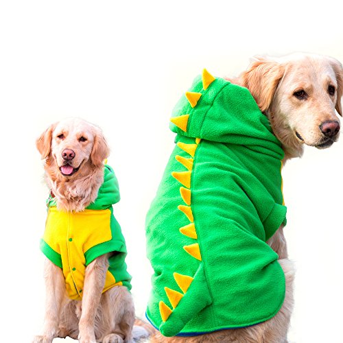 Funny Halloween Big Large Dog Dinosaur Costume Jacket Coat Warm Fleece Winter Golden Retriever Pitbull Dog Clothes Hoodie (6XL, Green)