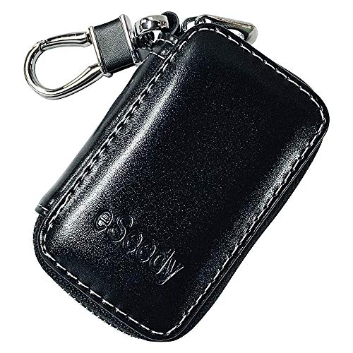 SCMAuto Car Key Case, Genuine Leather Car Smart Key Chain Keychain Holder Metal Hook and Keyring Zipper Bag for Remote Key - Black, 3.542.361.0 inch