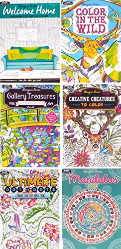 Coloring Books For Adults Bulk Pack of Six Different Full Size Books Including Mandalas, Interior Designs, Creative Creatures, Color in the Wild, Titles Will Vary