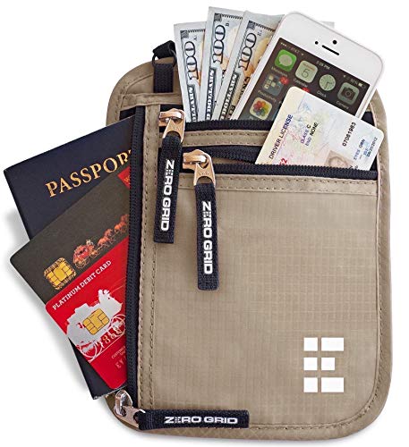 Zero Grid Neck Wallet w/RFID Blocking- Concealed Travel Pouch & Passport Holder (Desert Sand)