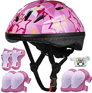 Kids Helmet Adjustable for Kids Ages 3-8 Years Old Boys Girls, Toddler Bike Helmet with Protective Sports Gear Set Knee Elbow Pads Wrist Guards for Cycling Roller Skating Skateboard-(Pink Star)