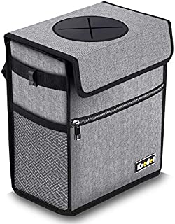 Knodel Car Trash Can with Lid, Leak-Proof Car Garbage Can with Storage Pockets, Waterproof Auto Garbage Bag Hanging for Headrest (Large, Gray)