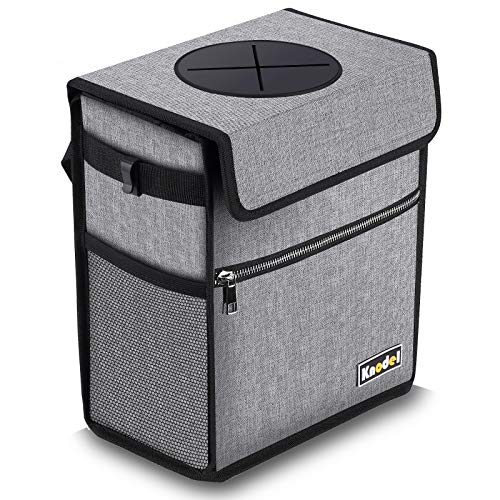 Knodel Car Trash Can with Lid, Leak-Proof Car Garbage Can with Storage Pockets, Waterproof Auto Garbage Bag Hanging for Headrest (Large, Gray)