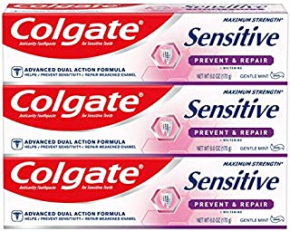 Colgate Sensitive Whitening Toothpaste, Enamel Repair and Cavity Protection, Prevent and Repair, Gentle Mint - 6 ounce (3 Pack)