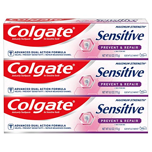 Colgate Sensitive Whitening Toothpaste, Enamel Repair and Cavity Protection, Prevent and Repair, Gentle Mint - 6 ounce (3 Pack)