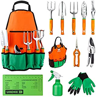 UKOKE Garden Tool Set, 12 Piece Aluminum Hand Tool Kit, Garden Canvas Apron with Storage Pocket, Outdoor Tool, Heavy Duty Gardening Work Set with Ergonomic Handle, Gardening Tools for women men