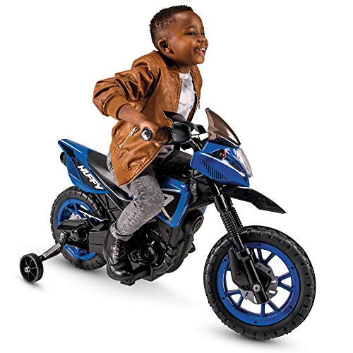 Huffy 6V Kids Electric Battery-Powered Ride-On Motorcycle Bike Toy w/Training Wheels, Engine Sounds, Charger - Blue, 17048P