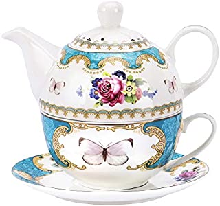 fanquare English Rose Porcelain Teapot Set,Tea for One Set,Flora Teapot with Cup and Sacuer