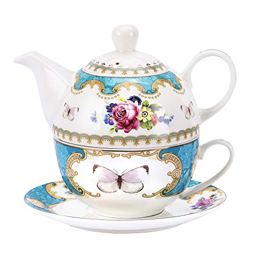 fanquare English Rose Porcelain Teapot Set,Tea for One Set,Flora Teapot with Cup and Sacuer