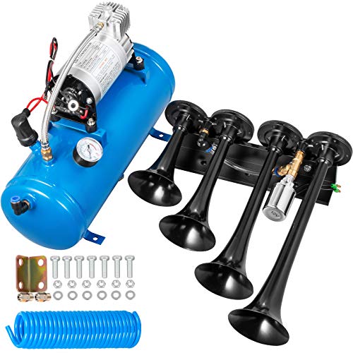 VEVOR Train Horn Kit 4 Trumpet 12V Train Air Horn 150db Truck Loudest Horn, with 1.5 Gal Tank 150 PSI Air Compressor for Truck Complete Kit and Blaster Train Horn Kit for Truck, Car and Motocycle