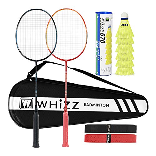 WHIZZ Heavy Duty Graphite Badminton Racket, Full Carbon Fiber Professional Set for Adults with Badminton Bag & 2 Racquet Grip (Sword Black+Red)