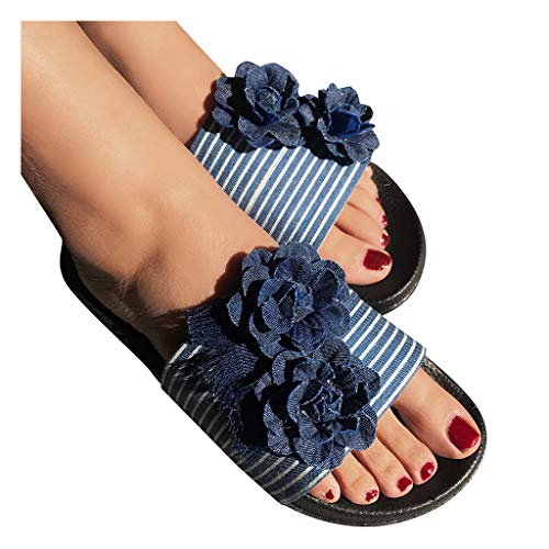 haoricu Womens Bohemian Denim Flowers Flats Summer Casual Party Dress Slipper Ladies Sandals