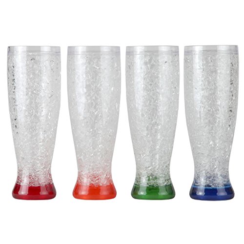 Lily's Home Double Wall Gel-Filled Acrylic Freezer Beer Glasses, Great for Enjoying Brews at BBQs and Parties, Clear with Assorted Color Bases (16 oz. Each, Set of 4) - Pilsner Shape