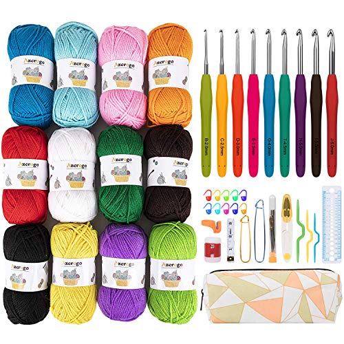 Azerogo Crochet Yarn kit, Handcrafts 12 Acrylic Yarn Skeins for Crochet and Knitting, 1312 Yards Craft DK Yarn with 41 Crochet Hook Set  Ideal Beginner Kit
