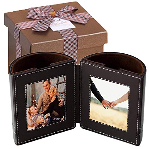 Valentines day gift | Office gift | Office Desk Organizer | White Elephant | Pen Holder with Photo Frame | Birthday Gift | Picture Frame for desk | Office Supplies in Pu Leather Dark Brown (with gift box)