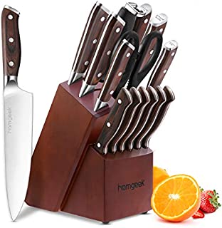 Kitchen Knife Set 15 Piece with Wooden Block Sharpener and Serrated Steak Knives, homgeek Professional High Carbon Steel Chef Knife Block Set Full-Tang Forged, German 1.4116 Steel, Pakkawood Handle