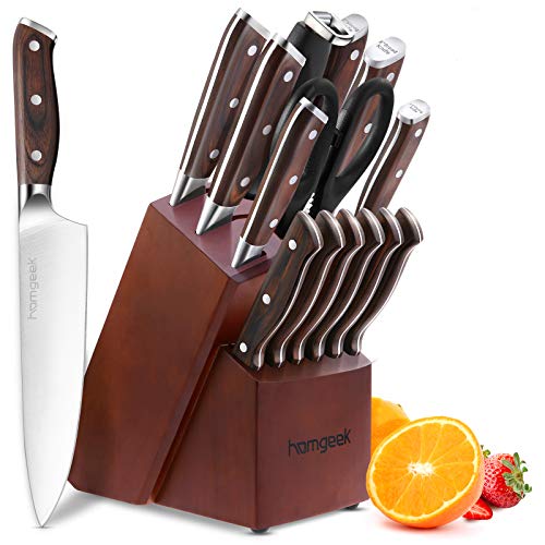 Kitchen Knife Set 15 Piece with Wooden Block Sharpener and Serrated Steak Knives, homgeek Professional High Carbon Steel Chef Knife Block Set Full-Tang Forged, German 1.4116 Steel, Pakkawood Handle