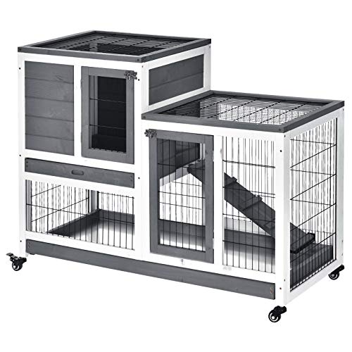 PawHut Wooden Indoor Rabbit Hutch Elevated Cage Habitat with Enclosed Run with Wheels, Ideal for Rabbits and Guinea Pigs, Grey and White