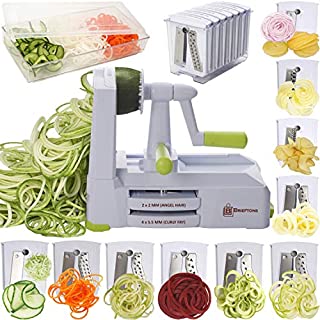 Brieftons 10-Blade Spiralizer: Strongest-and-Heaviest Vegetable Spiral Slicer, Best Veggie Pasta Spaghetti Maker for Low Carb / Paleo / Gluten-Free, With Blade Caddy, Container, Lid & 4 Recipe Ebooks