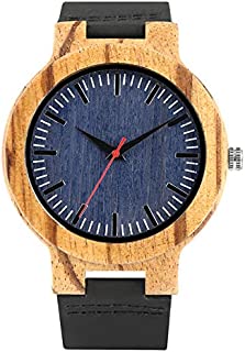 LOOIUEX Wood Watch Watches Men Blue Dial Wood Wrist Watch Men Quartz Clock Genuine Leather Band Wristwatch with Box, only Watch