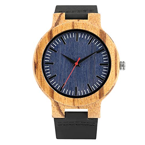 LOOIUEX Wood Watch Watches Men Blue Dial Wood Wrist Watch Men Quartz Clock Genuine Leather Band Wristwatch with Box, only Watch