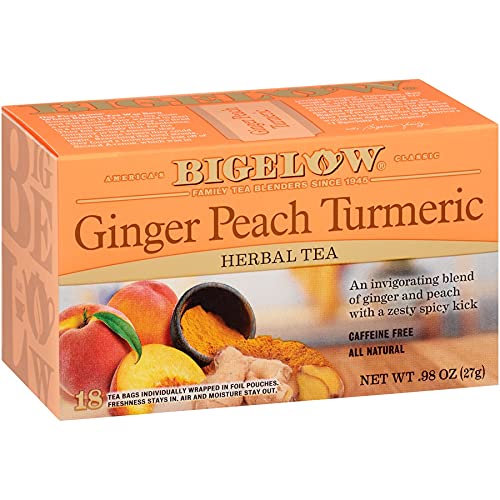 Bigelow Tea Ginger Peach Turmeric Herbal Tea Bags, 18 Count Box (Pack of 6) Caffeine-Free Herbal Tea, 108 Tea Bags Total