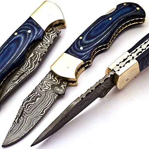 Skokie Knives Custom Hand Made Damascus Steel Hunting Folding Knife Handle Pakka Wood