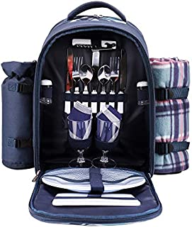 apollo walker Picnic Backpack Bag for 2 Person with Cooler Compartment, Detachable Bottle/Wine Holder, Fleece Blanket, Plates and Cutlery (Blue)