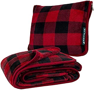 PAVILIA Travel Blanket and Pillow | Warm Soft Fleece 2-in-1 Combo Blanket for Airplane, Camping, Car Trips | Large Compact Blanket Set with Luggage Strap & Backpack Clip, 60 x 43 (Checker Red)