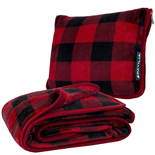 PAVILIA Travel Blanket and Pillow | Warm Soft Fleece 2-in-1 Combo Blanket for Airplane, Camping, Car Trips | Large Compact Blanket Set with Luggage Strap & Backpack Clip, 60 x 43 (Checker Red)