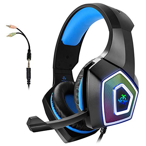 Gaming Headset with Mic for Xbox One PS4 PS5 PC Switch Tablet Smartphone, Headphones Stereo Over Ear Bass 3.5mm Microphone Noise Canceling 7 LED Light Soft Memory Earmuffs(Free Adapter)