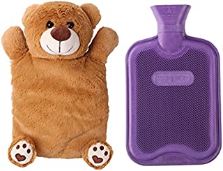 HomeTop Premium Classic Rubber Hot or Cold Water Bottle with Cute Stuffed Animal Cover (2 Liter, Purple)