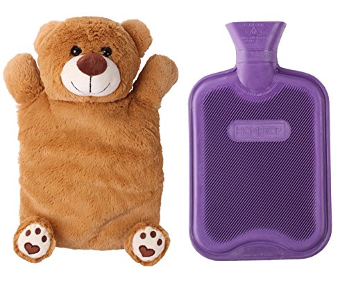 HomeTop Premium Classic Rubber Hot or Cold Water Bottle with Cute Stuffed Animal Cover (2 Liter, Purple)