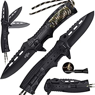 Pocket Knife - Tactical Folding Knife - Spring Assisted Knife with Fire Starter Paracord Handle - Best EDC Survival Hiking Hunting Camping Knife - Knife with Firestarter and Whistle Grand Way 6772