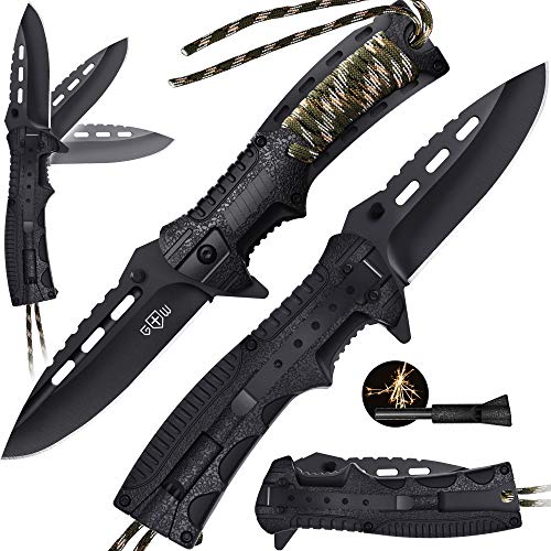 Pocket Knife - Tactical Folding Knife - Spring Assisted Knife with Fire Starter Paracord Handle - Best EDC Survival Hiking Hunting Camping Knife - Knife with Firestarter and Whistle Grand Way 6772